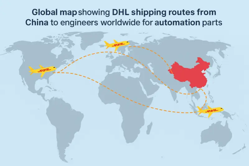 Global map infographic showing DHL shipping routes from China to Europe, North America, and other regions, representing fast worldwide delivery of industrial automation parts to engineers.