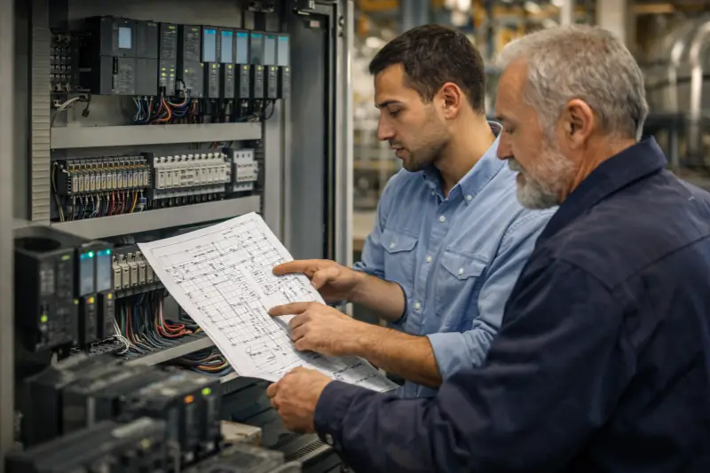 Engineers transferring institutional knowledge in an industrial automation setting