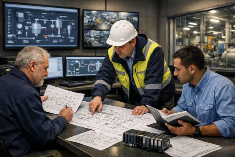 Industrial control room with documentation supporting PLC system reliability