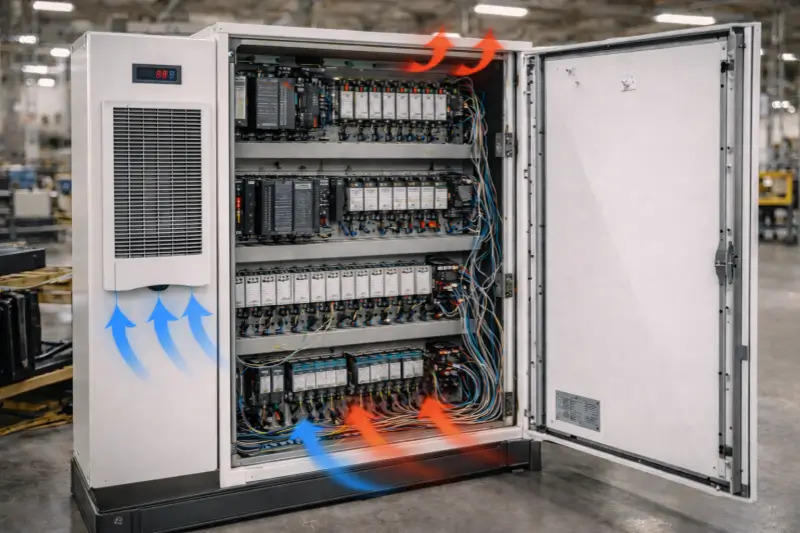 Cooling system installed in industrial control cabinet to protect PLC hardware