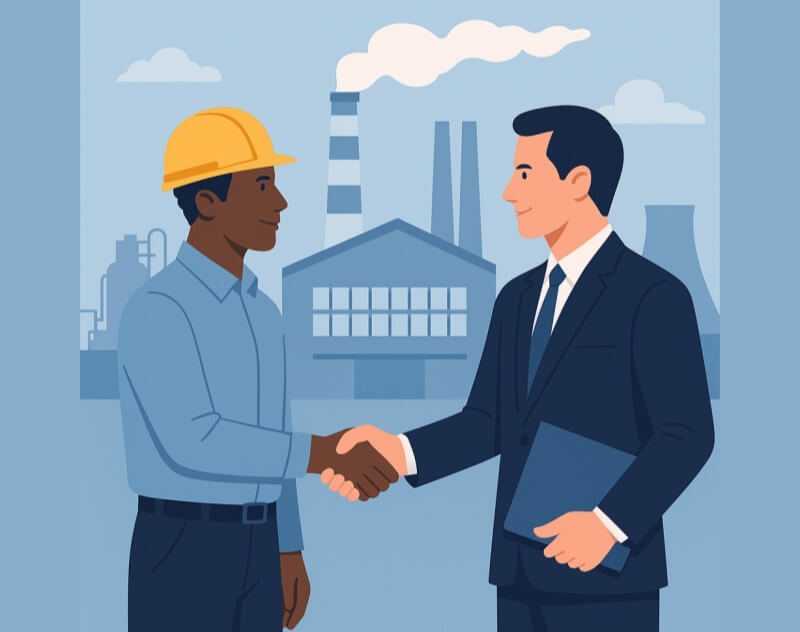 Infographic showing an engineer and a supplier shaking hands in a factory environment, symbolizing long-term trust and partnership in industrial automation supply.