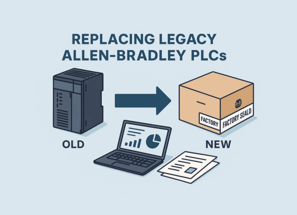 Infographic showing an engineer replacing an obsolete Allen-Bradley PLC with a new factory-sealed model, illustrating smart replacement solutions for outdated automation systems.