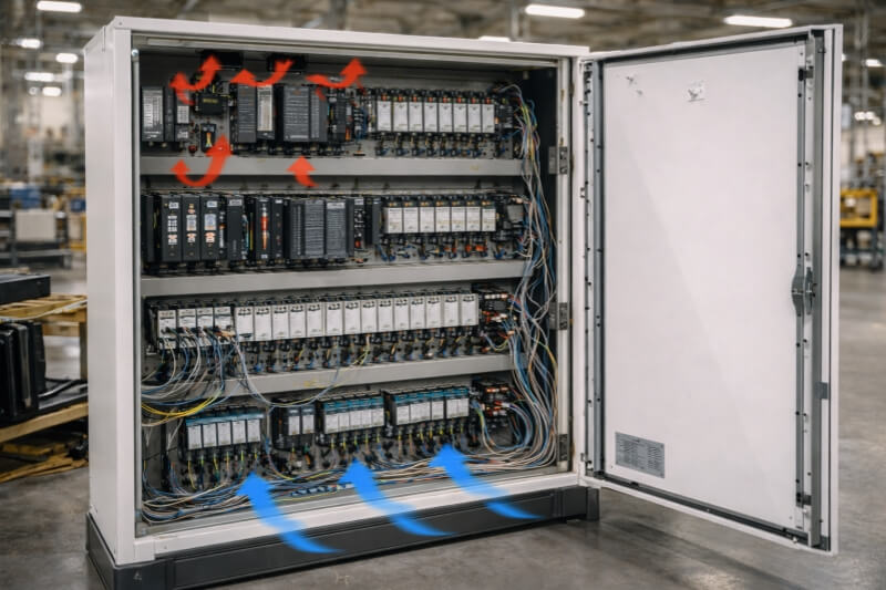 Industrial control cabinet showing thermal management and airflow for PLC reliability
