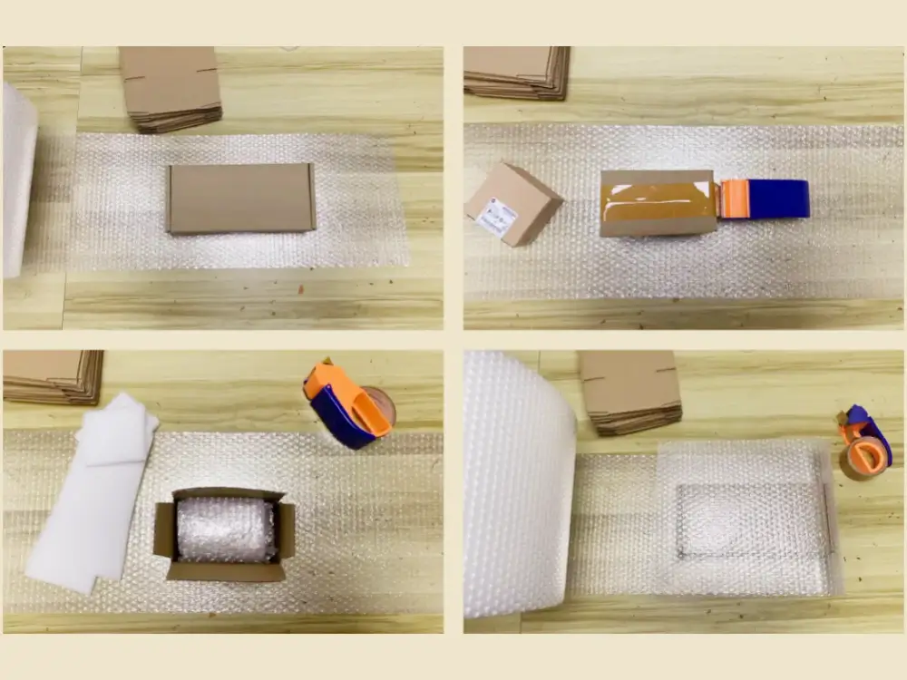 {"default":"PLC module carefully wrapped in bubble film and foam layers for shockproof packaging."}
