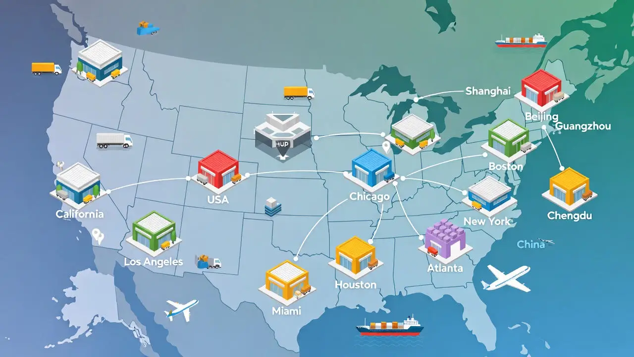 Map of TopAutoDevice multi-warehouse spare parts distribution USA China