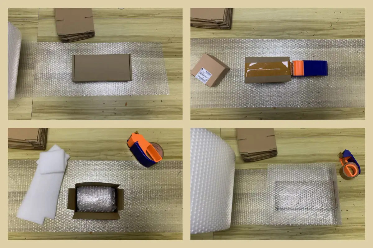 Factory-sealed PLC parts being packaged with foam and bubble wrap for DHL Express shipment