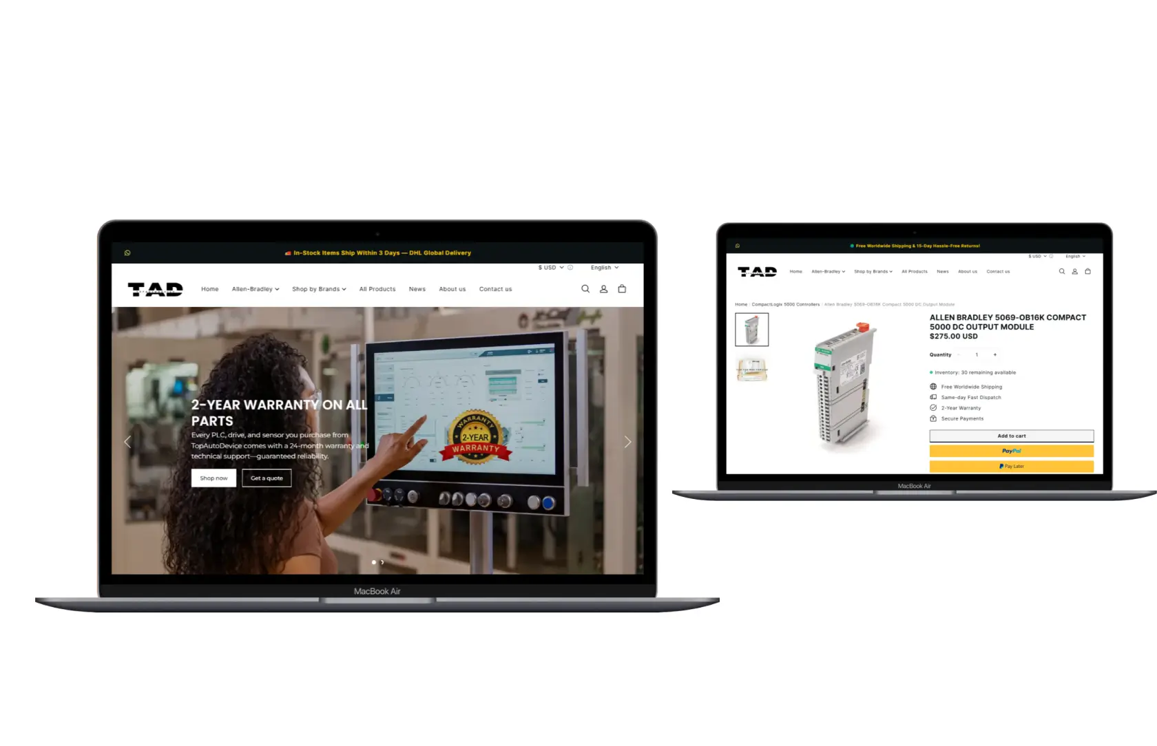 Viewing TopAutoDevice website to order factory-sealed Allen-Bradley PLC parts