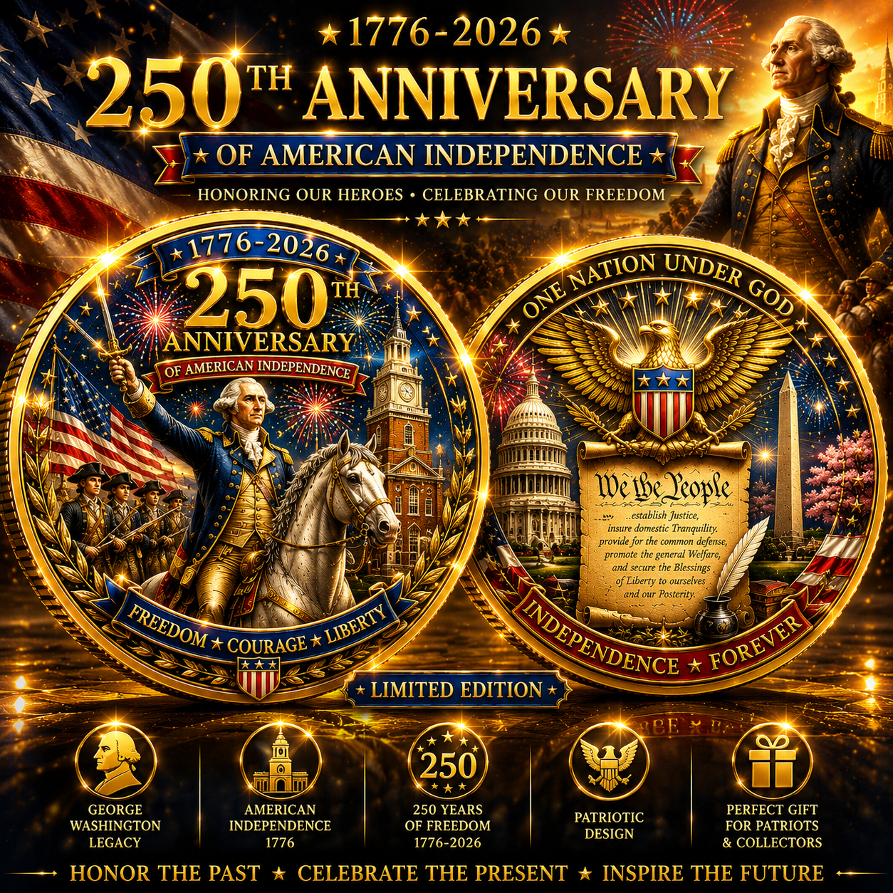 🎖️George Washington 250th Anniversary Independence Coin | Rare Collectible 1776-2026