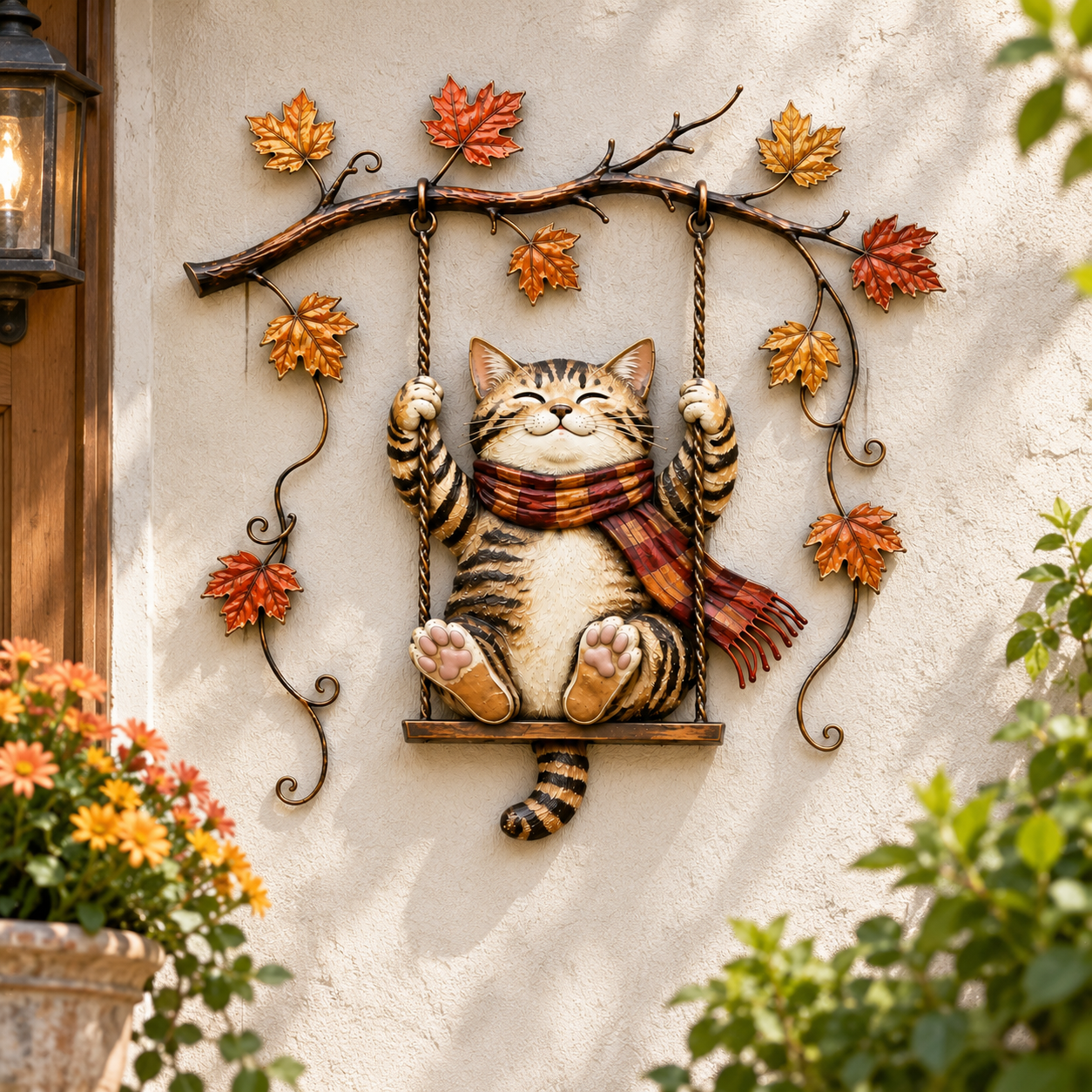 Autumn Cat Swing Metal Wall Decor