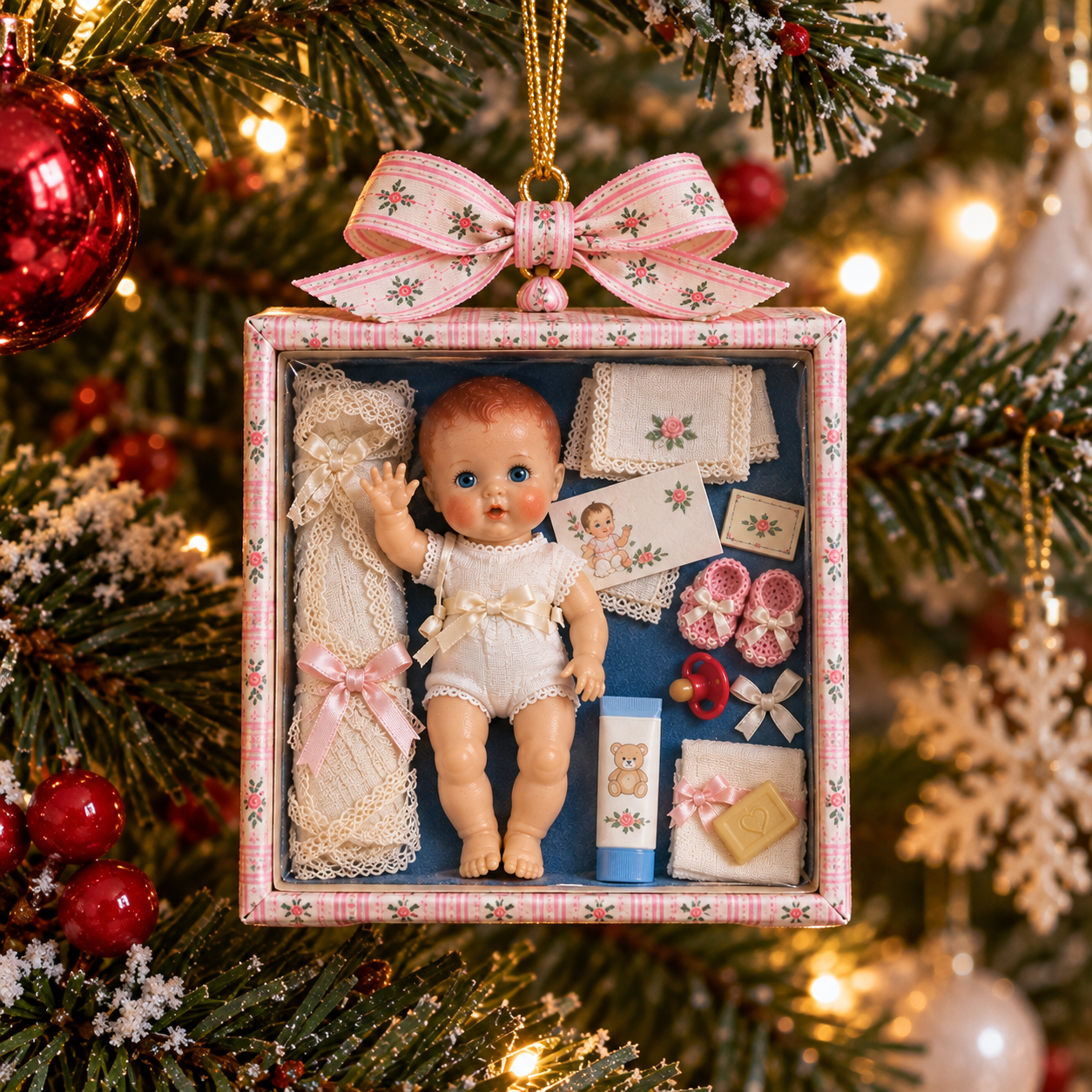 Vintage Baby Doll Gift Box Christmas Ornament
