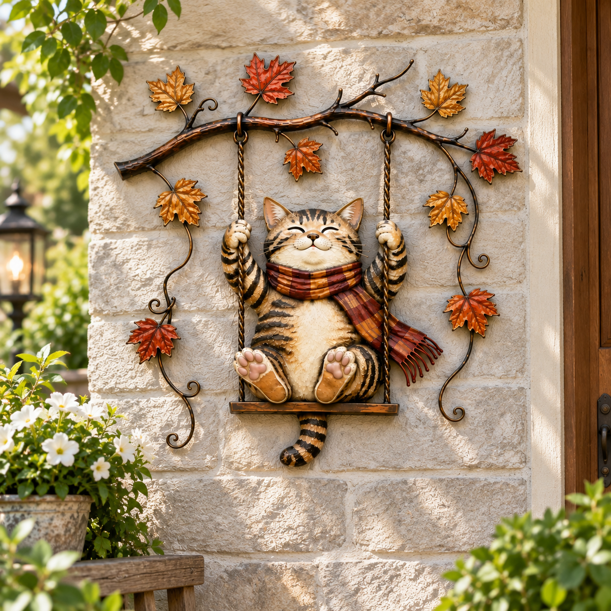Autumn Cat Swing Metal Wall Decor