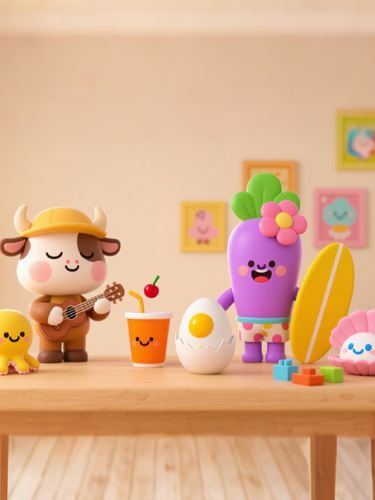 {"default":"A group of cute, colorful cartoon toys including a cow with a guitar, an octopus, an egg, and a purple character with flowers, displayed on a wooden table in a cozy room."}

