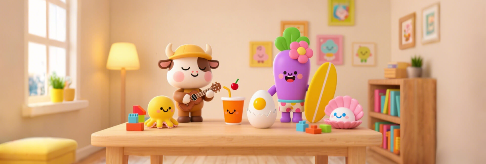 {"default":"A group of cute, colorful cartoon toys including a cow with a guitar, an octopus, an egg, and a purple character with flowers, displayed on a wooden table in a cozy room."}
