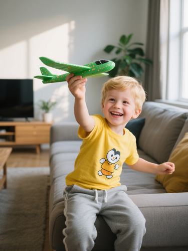 {"default":"A happy blonde boy playing with a green toy airplane on a cozy sofa, wearing a cute cartoon T-shirt."}
