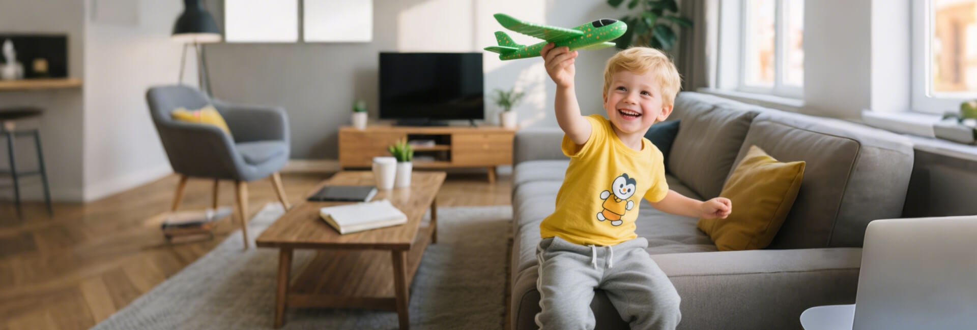 {"default":"A happy blonde boy playing with a green toy airplane on a cozy sofa, wearing a cute cartoon T-shirt."}
