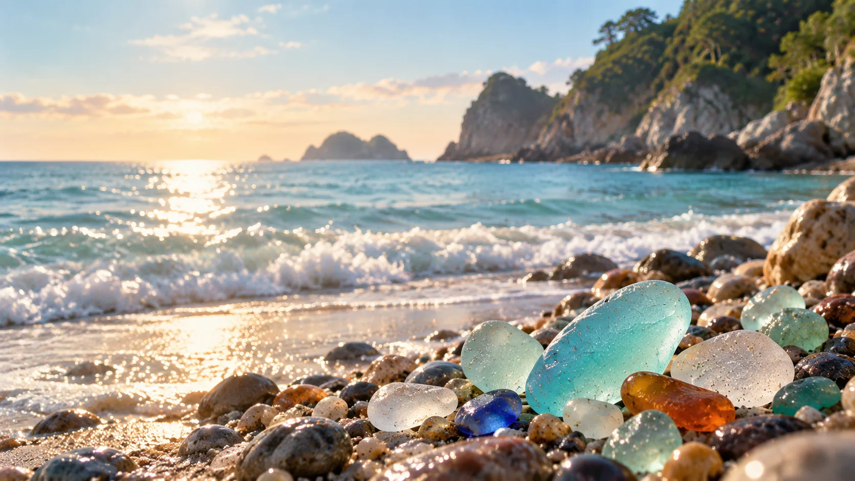 Frosted aqua and clear sea glass on a sunlit shoreline