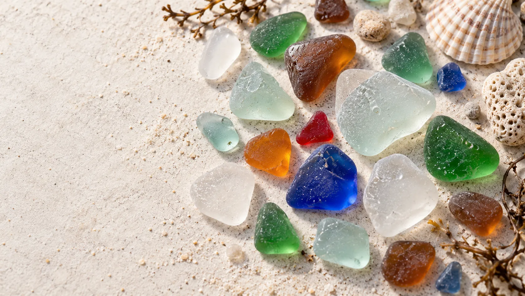 Assorted genuine sea glass pieces in green, brown, white and blue