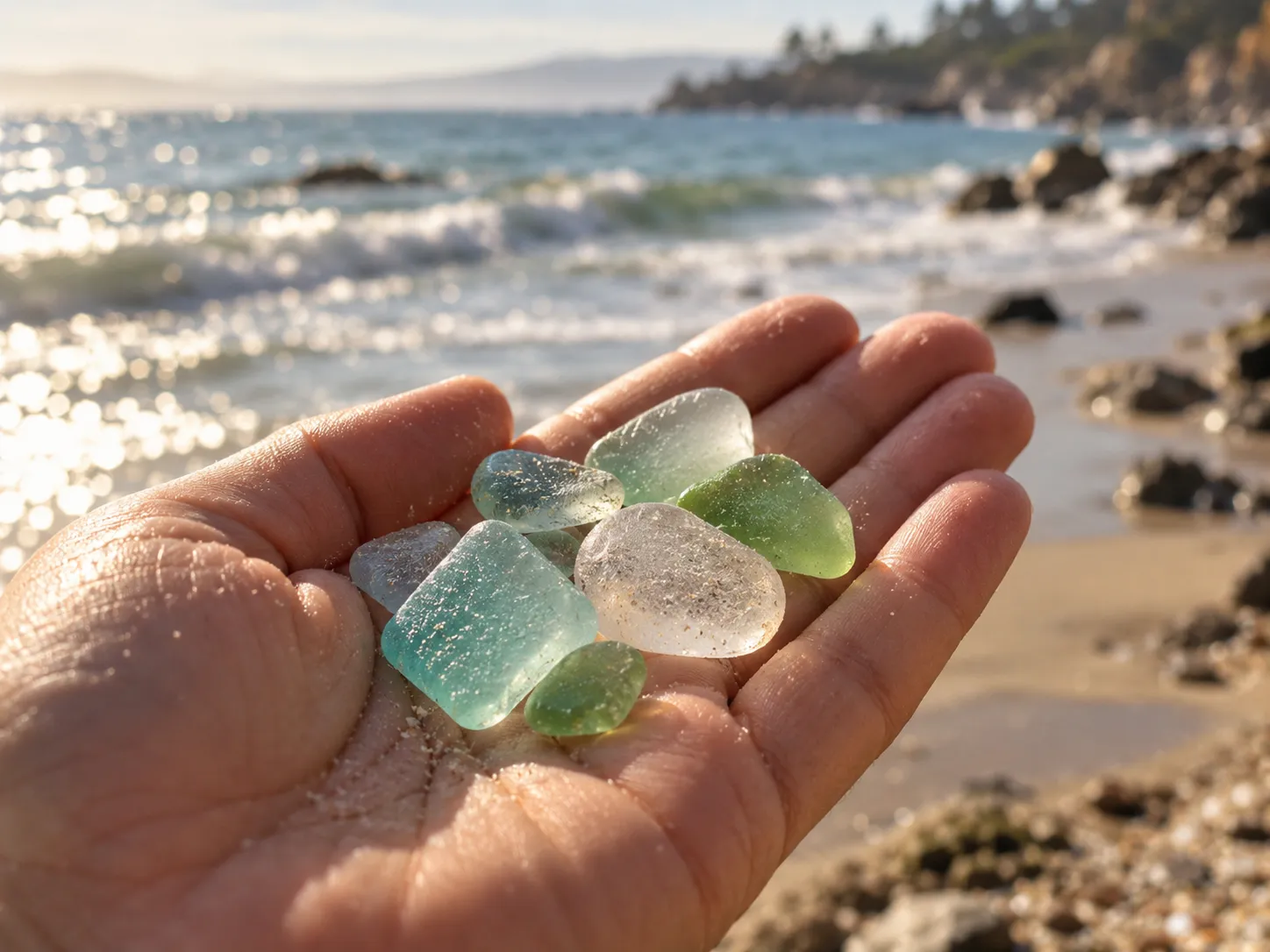 Frosted sea glass pieces resting among wet beach pebbles