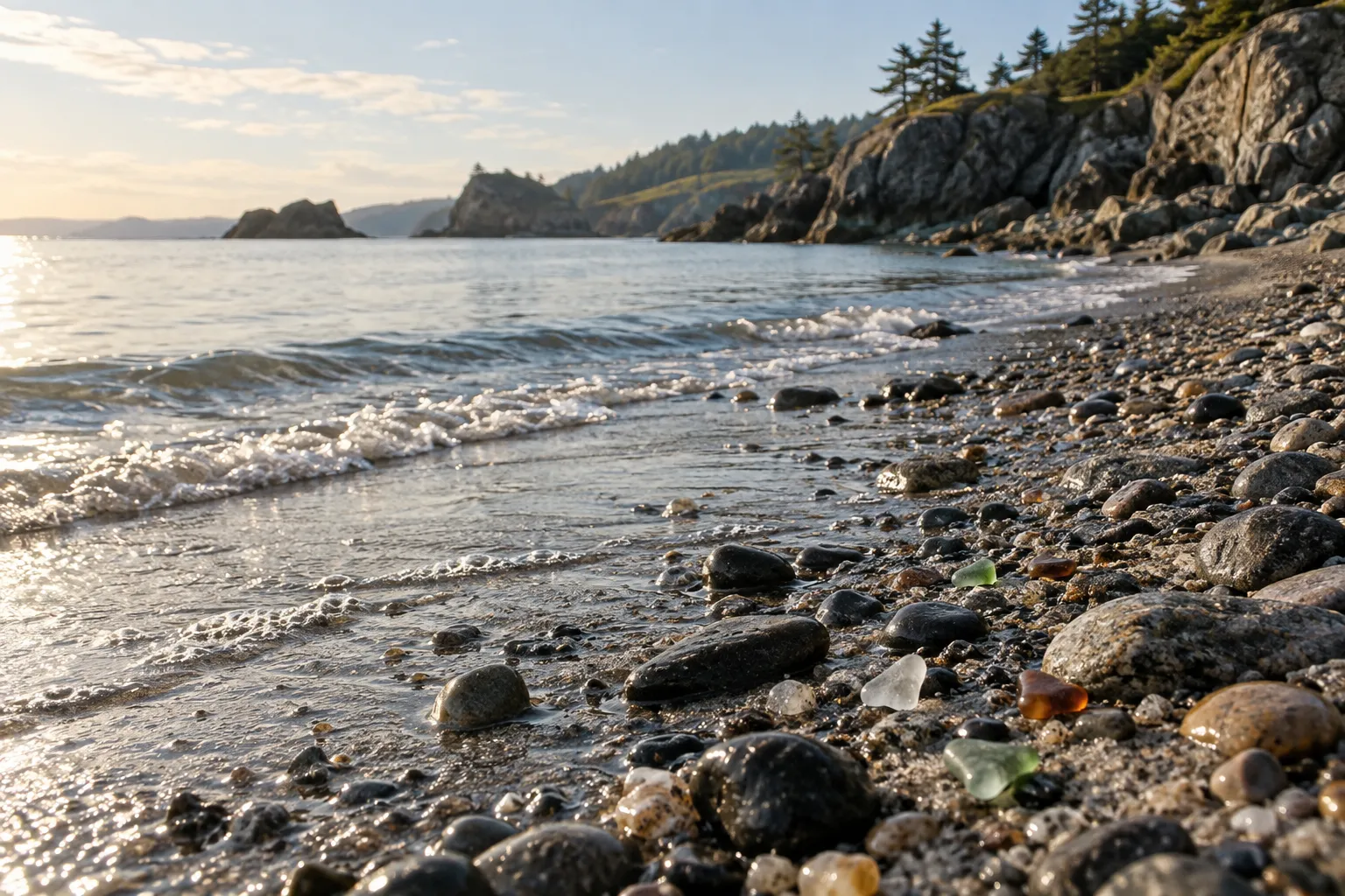 Rocky shoreline with small sea glass pieces near the tide line