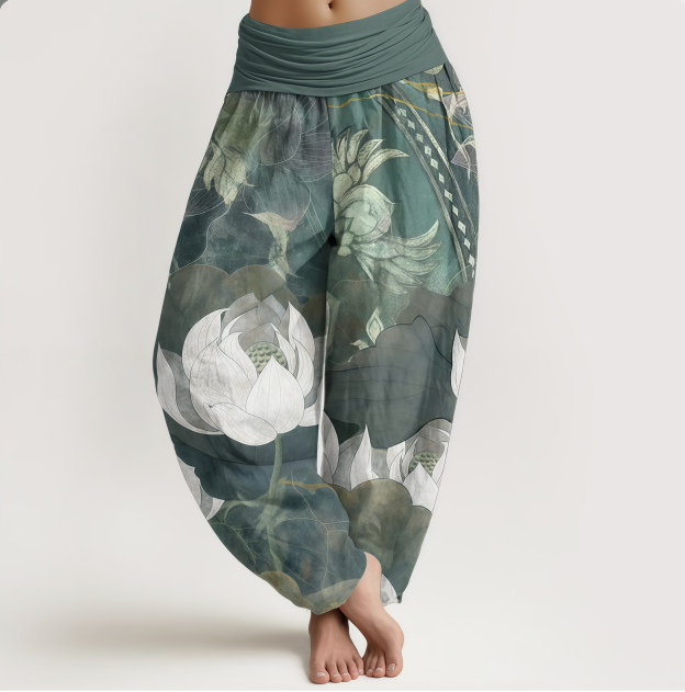 Buddha Stones Pure Cotton White Lotus Leaves Pattern Casual Women's Elastic Waist Harem Pants