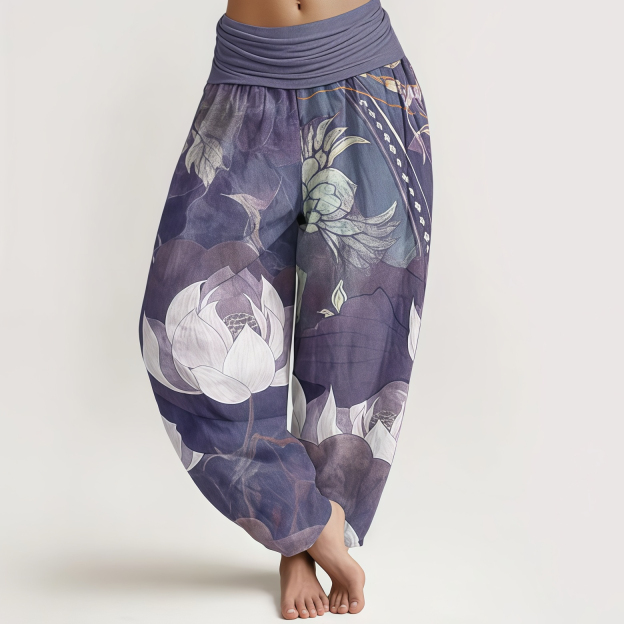 Buddha Stones Pure Cotton White Lotus Leaves Pattern Casual Women's Elastic Waist Harem Pants