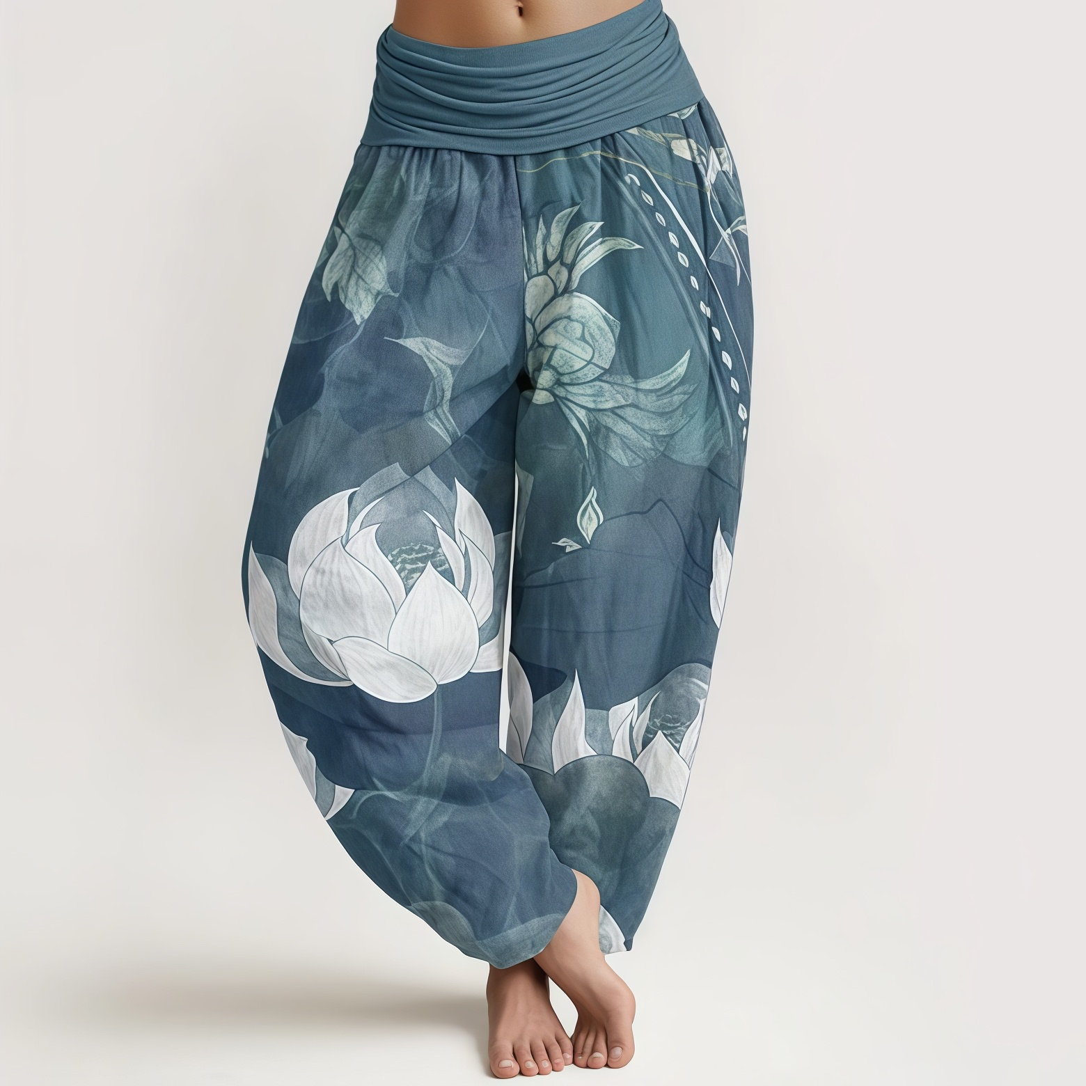 Buddha Stones Pure Cotton White Lotus Leaves Pattern Casual Women's Elastic Waist Harem Pants