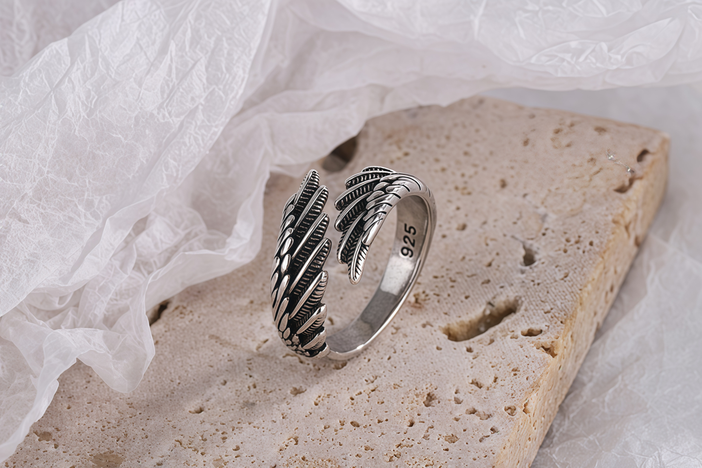 Vintage Distressed Feather Silver Wing Ring  - Minimalist Fashion High-End Unique Band