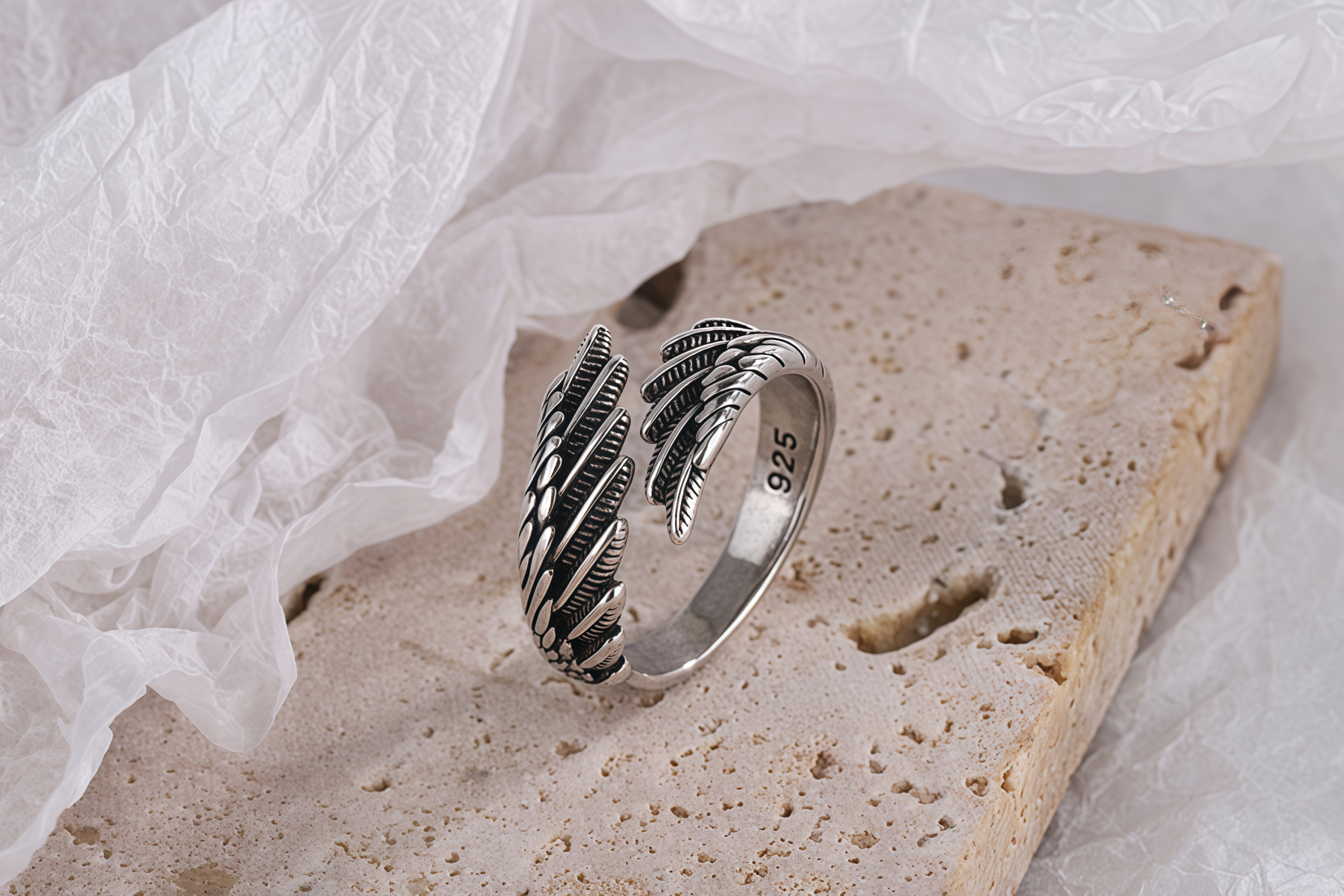 Vintage Distressed Feather Silver Wing Ring  - Minimalist Fashion High-End Unique Band