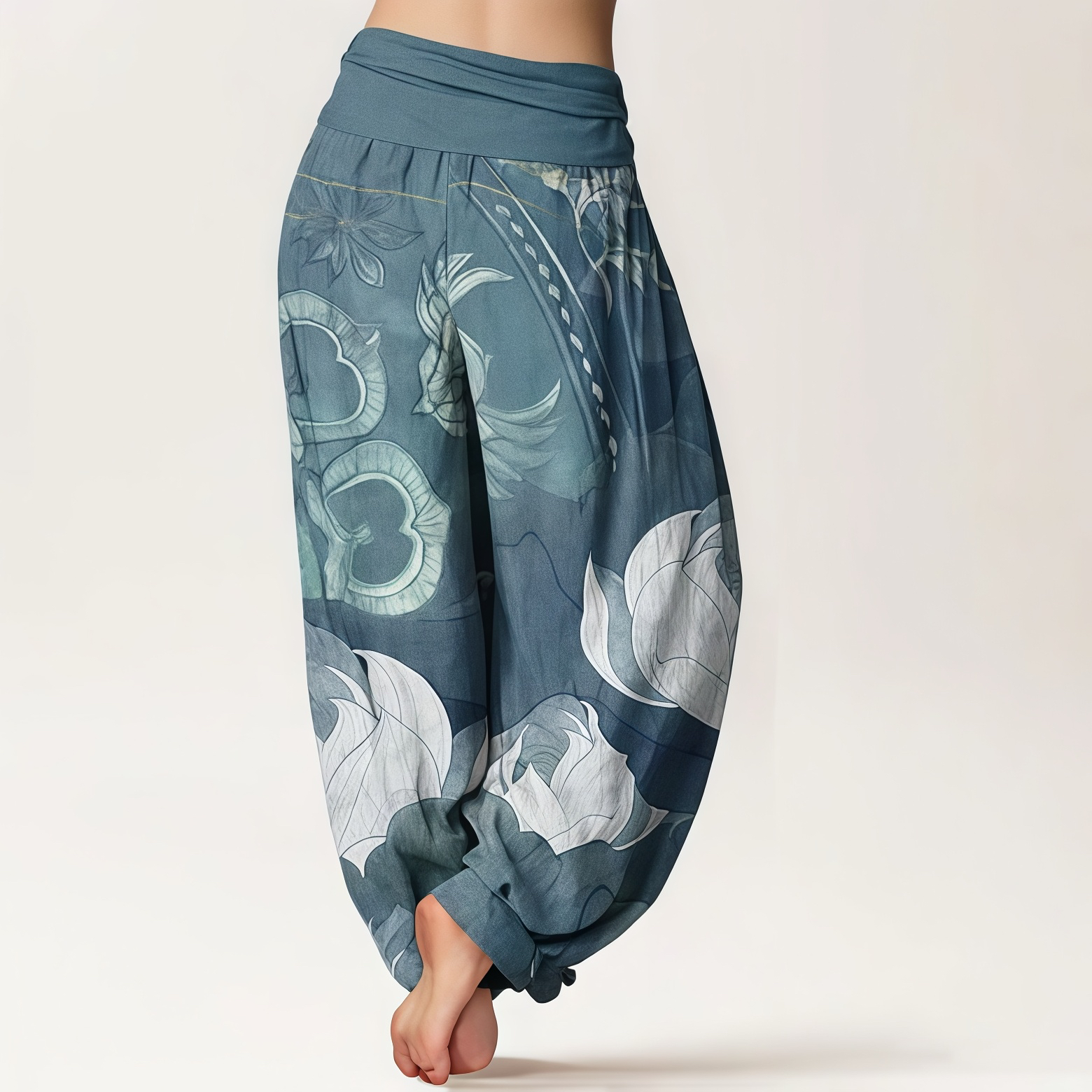 Buddha Stones Pure Cotton White Lotus Leaves Pattern Casual Women's Elastic Waist Harem Pants