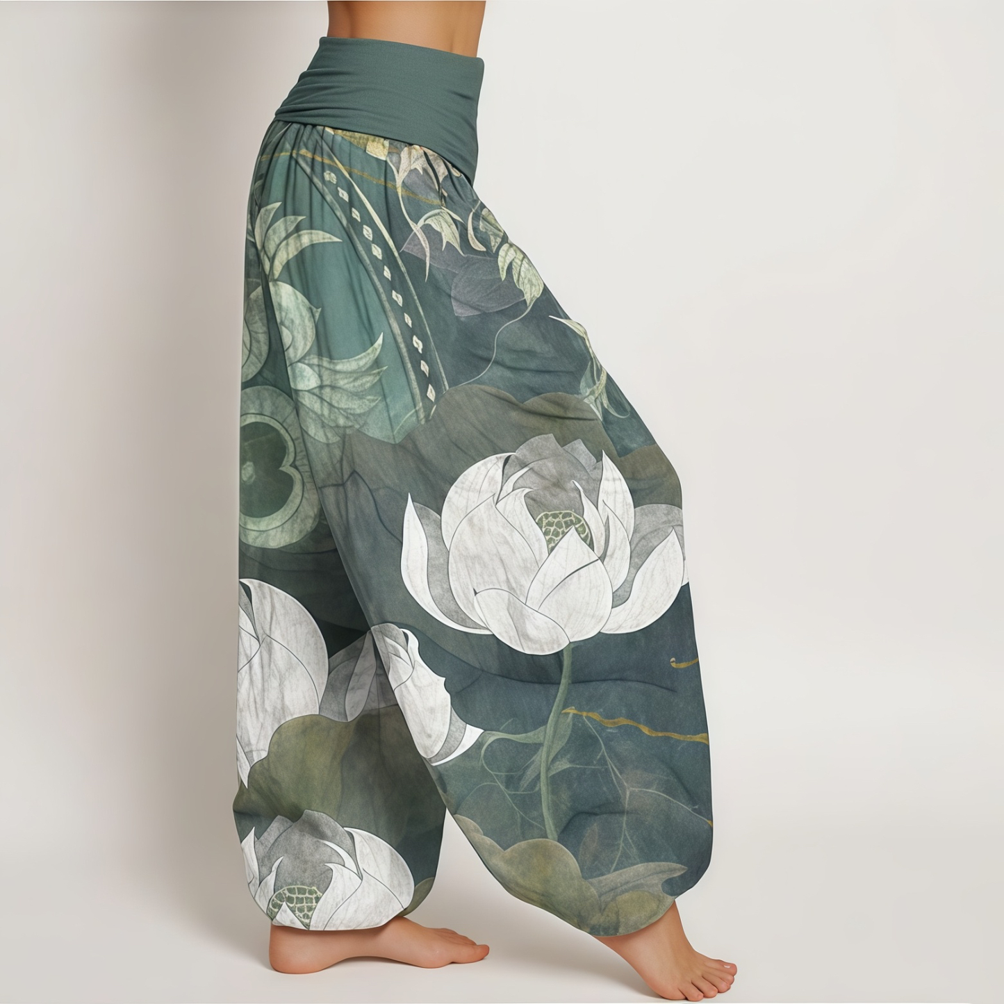 Buddha Stones Pure Cotton White Lotus Leaves Pattern Casual Women's Elastic Waist Harem Pants