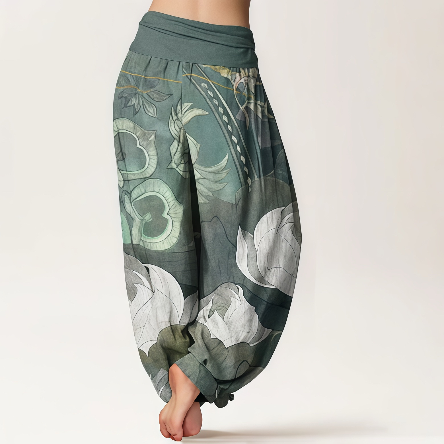 Buddha Stones Pure Cotton White Lotus Leaves Pattern Casual Women's Elastic Waist Harem Pants