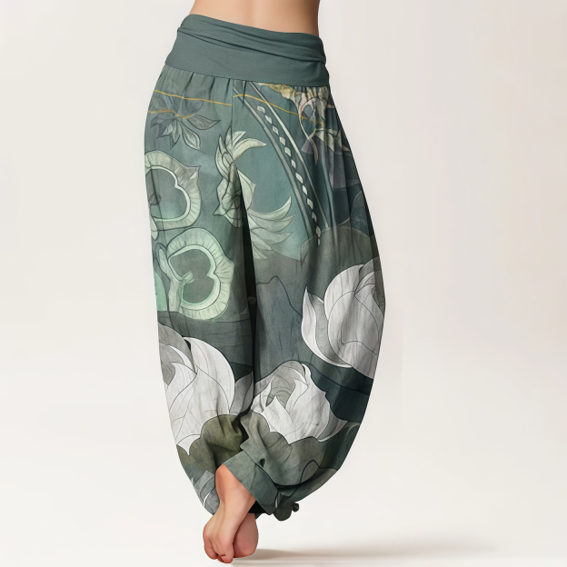 Buddha Stones Pure Cotton White Lotus Leaves Pattern Casual Women's Elastic Waist Harem Pants