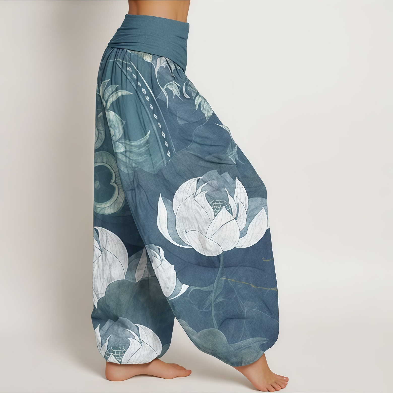 Buddha Stones Pure Cotton White Lotus Leaves Pattern Casual Women's Elastic Waist Harem Pants