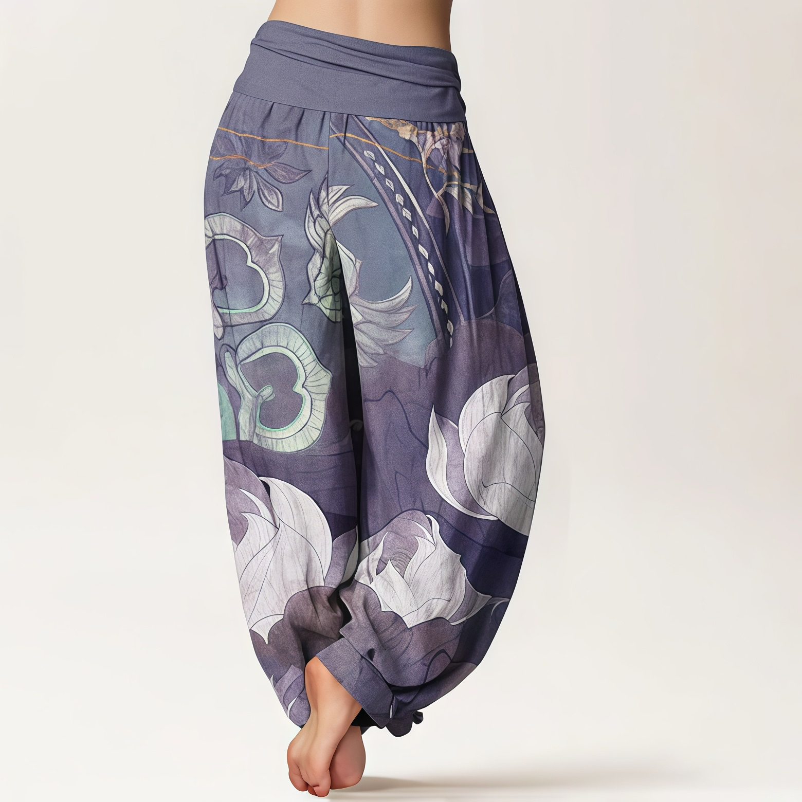 Buddha Stones Pure Cotton White Lotus Leaves Pattern Casual Women's Elastic Waist Harem Pants