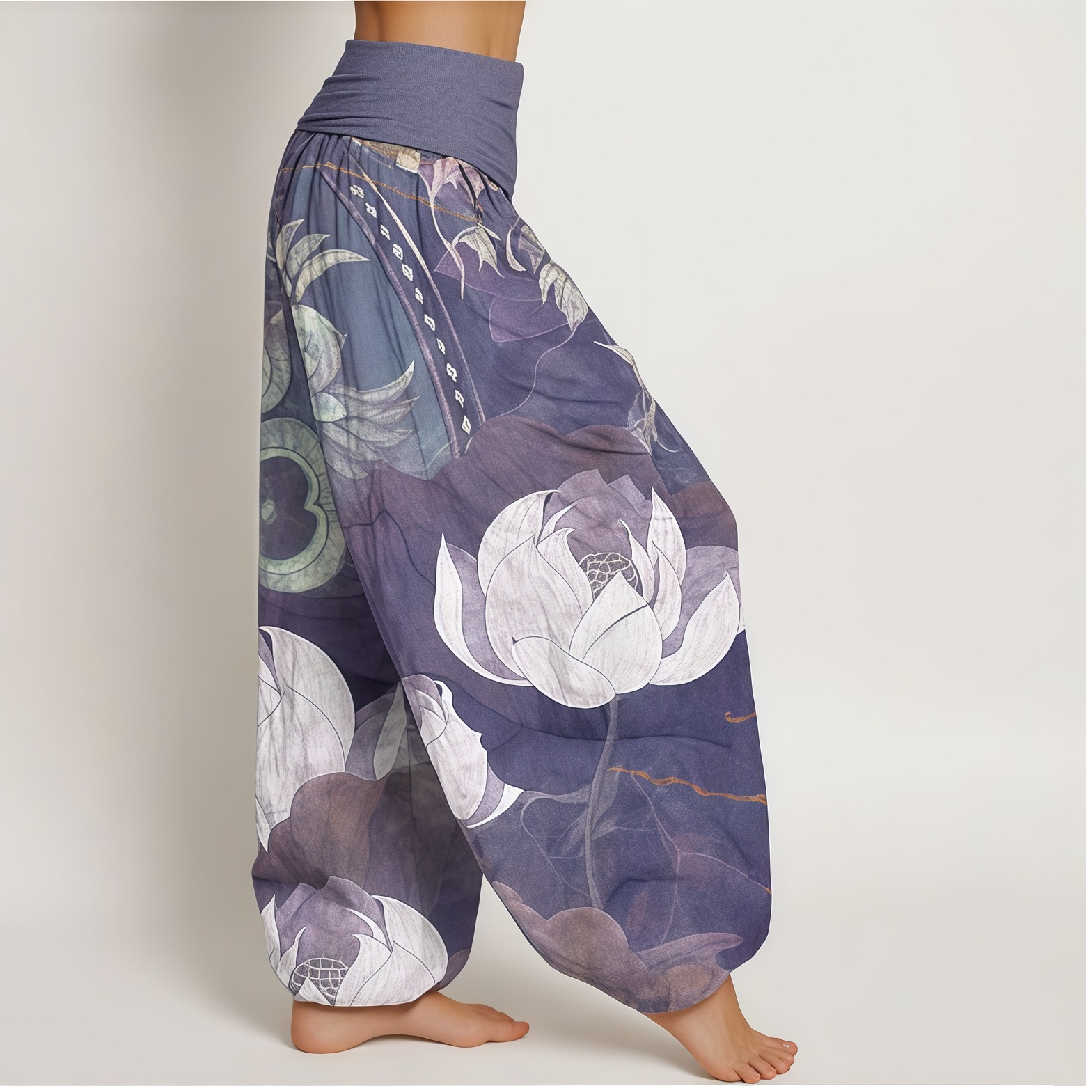 Buddha Stones Pure Cotton White Lotus Leaves Pattern Casual Women's Elastic Waist Harem Pants