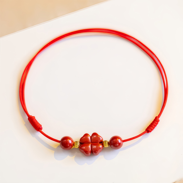Natural Cinnabar Four Leaf Clover Blessing Red String Bracelet Anklet- EclatDoré
