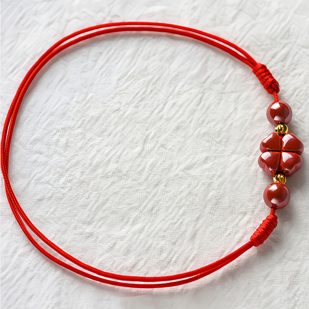 Natural Cinnabar Four Leaf Clover Blessing Red String Bracelet Anklet- EclatDoré