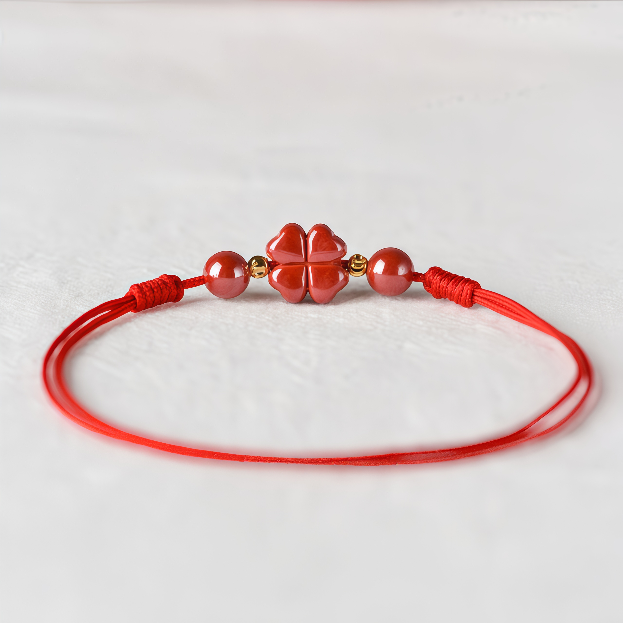 Natural Cinnabar Four Leaf Clover Blessing Red String Bracelet Anklet- EclatDoré