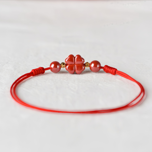 Natural Cinnabar Four Leaf Clover Blessing Red String Bracelet Anklet- EclatDoré