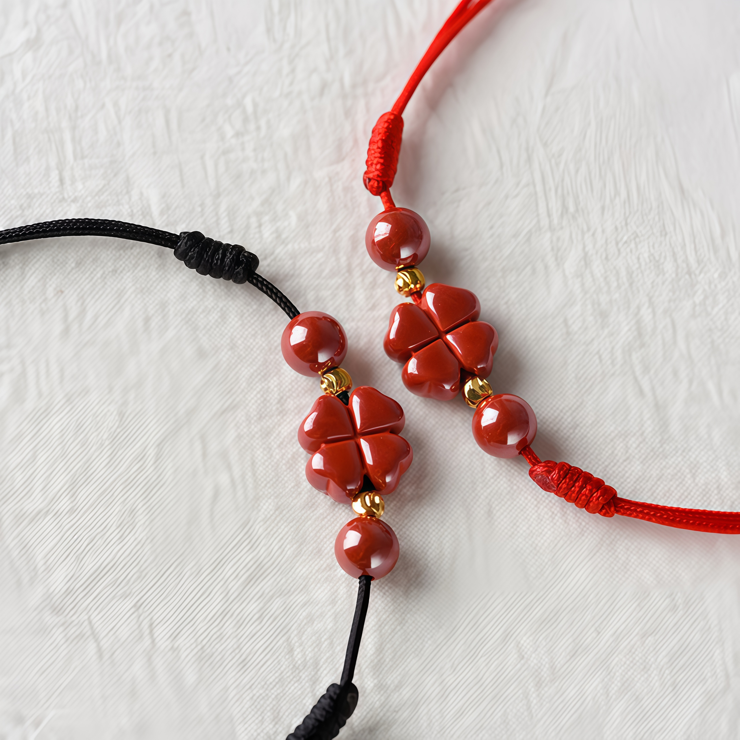 Natural Cinnabar Four Leaf Clover Blessing Red String Bracelet Anklet- EclatDoré