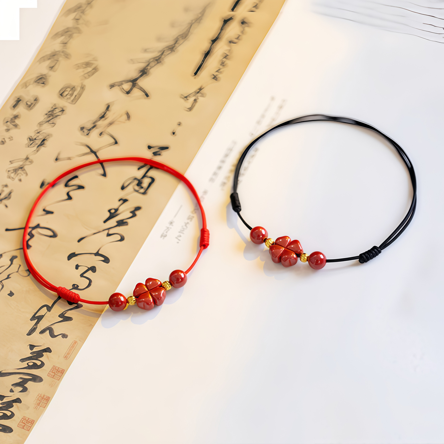 Natural Cinnabar Four Leaf Clover Blessing Red String Bracelet Anklet- EclatDoré