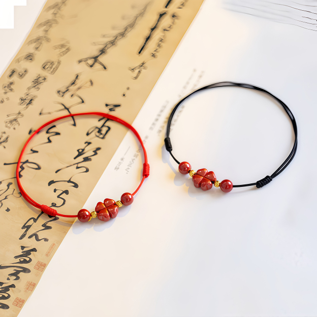 Natural Cinnabar Four Leaf Clover Blessing Red String Bracelet Anklet- EclatDoré