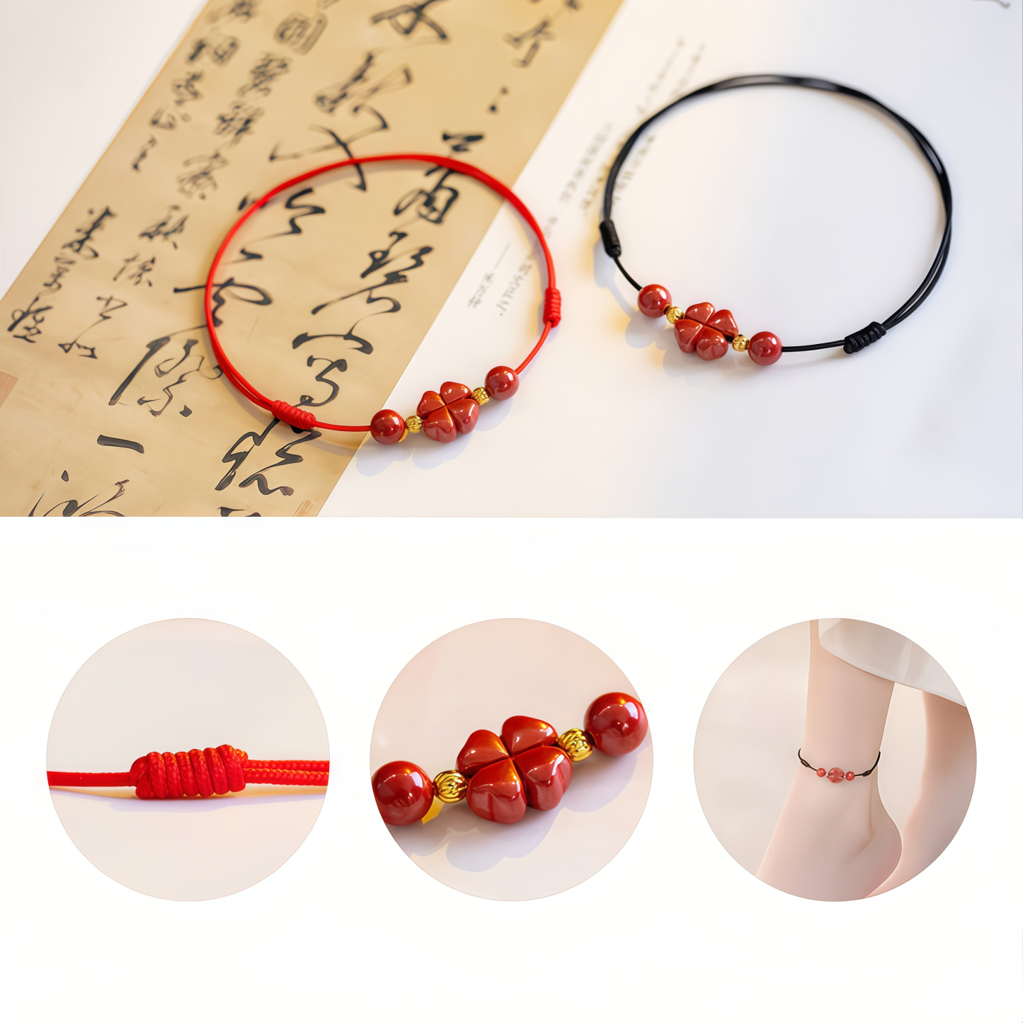 Natural Cinnabar Four Leaf Clover Blessing Red String Bracelet Anklet- EclatDoré
