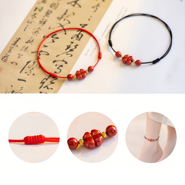 Natural Cinnabar Four Leaf Clover Blessing Red String Bracelet Anklet- EclatDoré