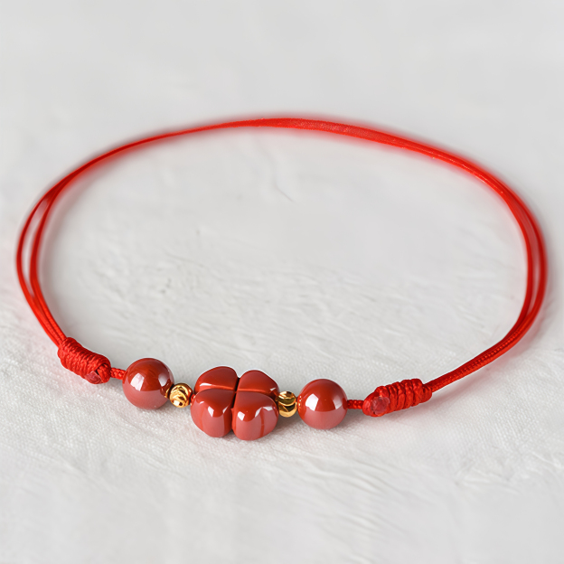 Natural Cinnabar Four Leaf Clover Blessing Red String Bracelet Anklet- EclatDoré