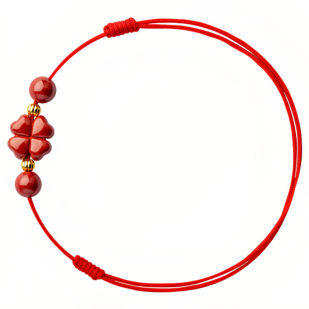 Natural Cinnabar Four Leaf Clover Blessing Red String Bracelet Anklet- EclatDoré