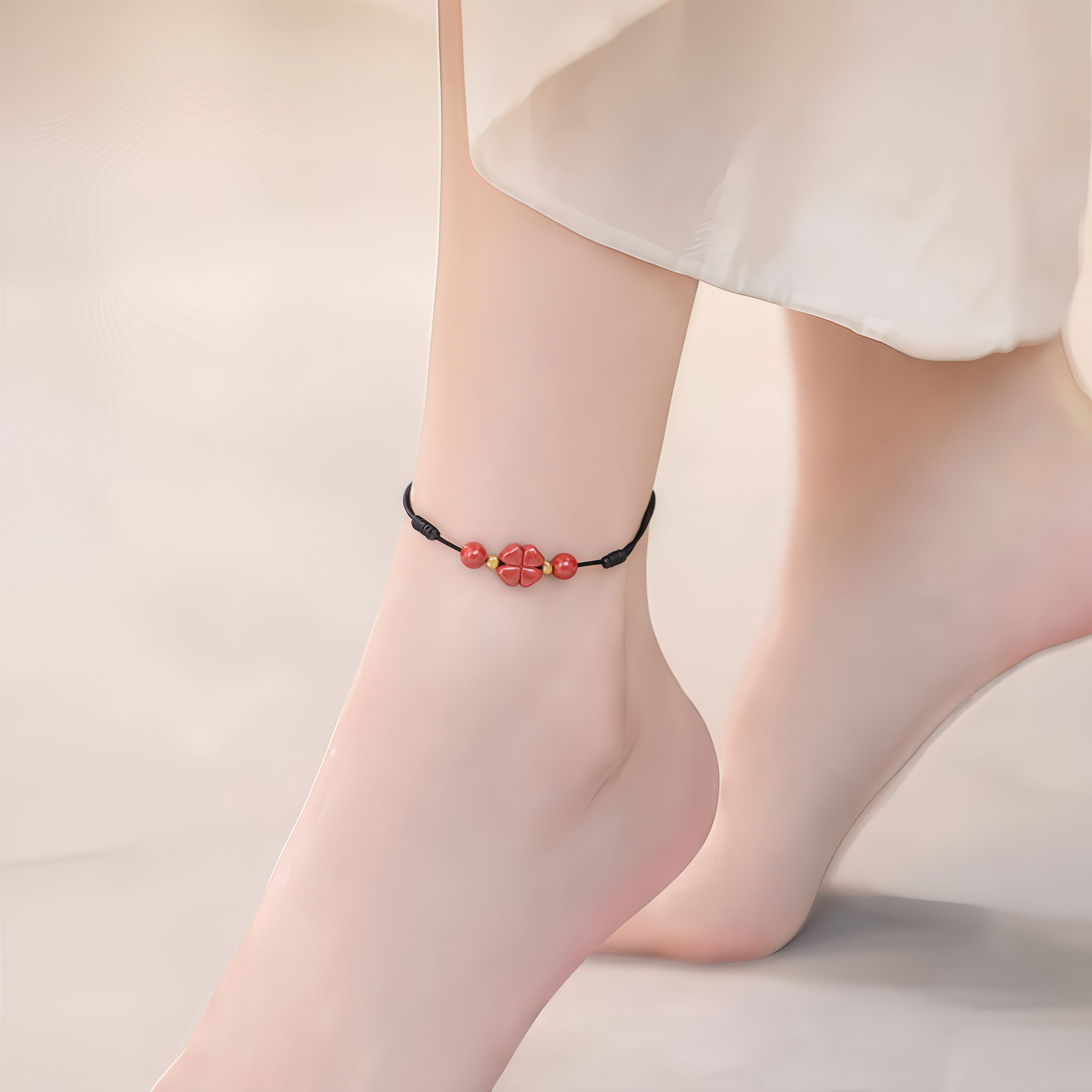Natural Cinnabar Four Leaf Clover Blessing Red String Bracelet Anklet- EclatDoré