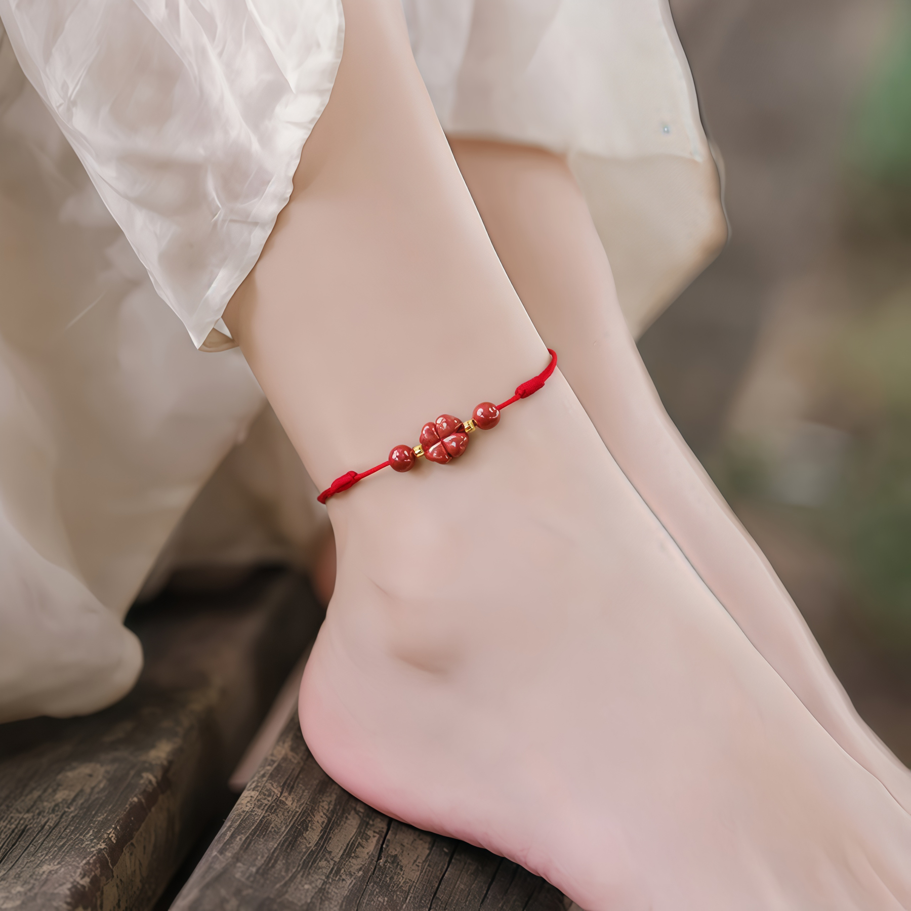 Natural Cinnabar Four Leaf Clover Blessing Red String Bracelet Anklet- EclatDoré
