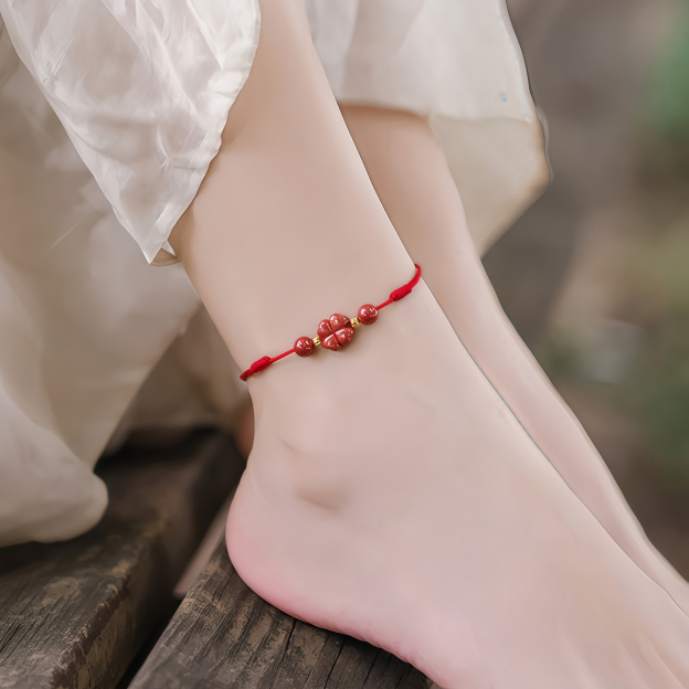 Natural Cinnabar Four Leaf Clover Blessing Red String Bracelet Anklet- EclatDoré