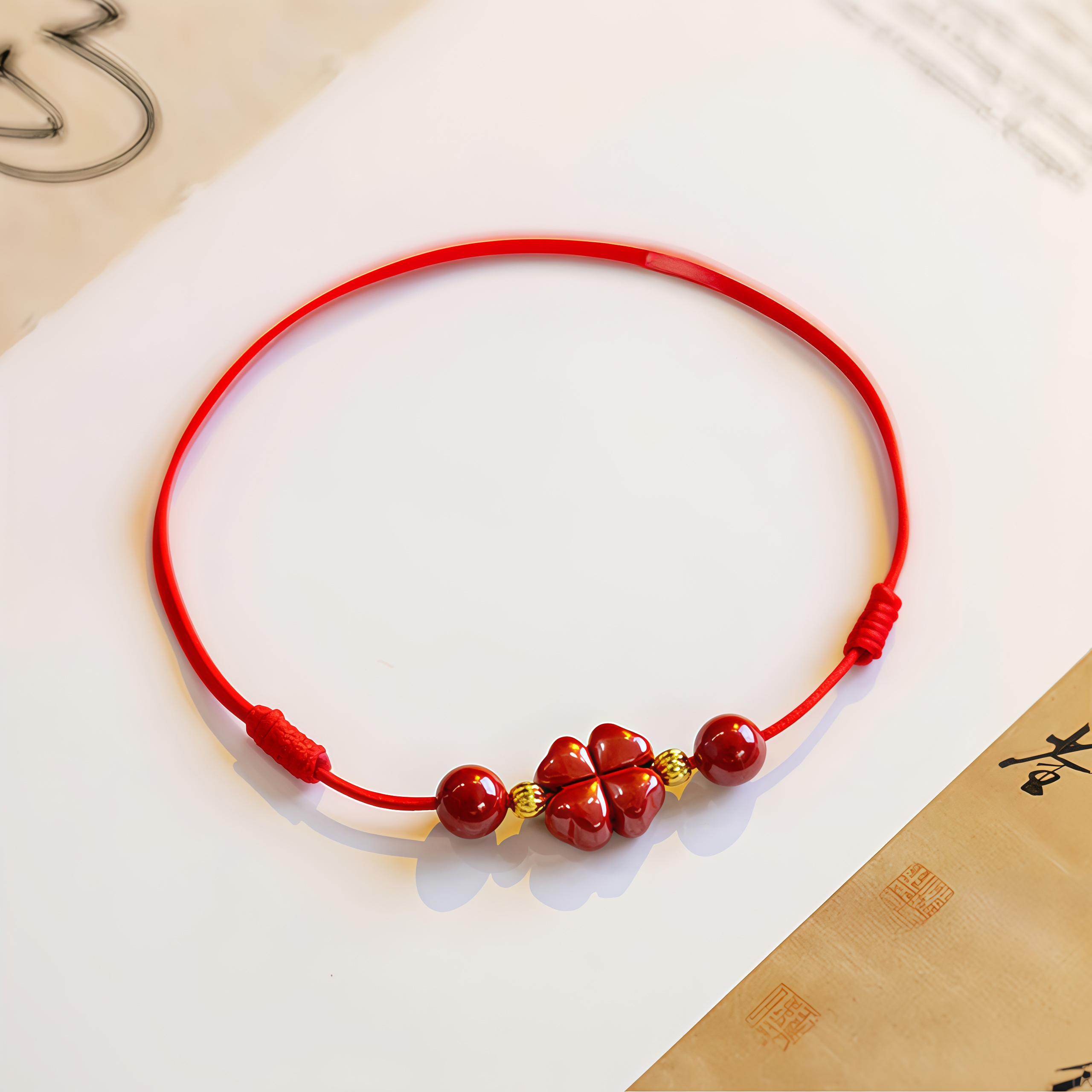 Natural Cinnabar Four Leaf Clover Blessing Red String Bracelet Anklet- EclatDoré